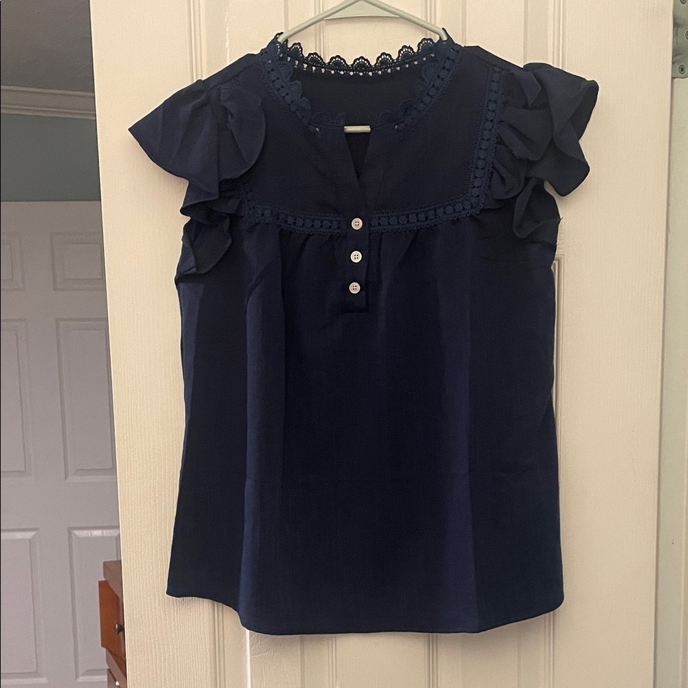Navy Ruffle Sleeve Women's Top